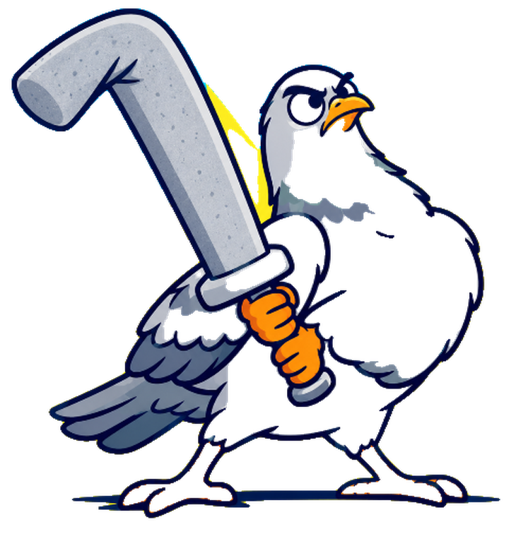 Foam Raider, a scowling pigeon gripping a bent foam noodle blade