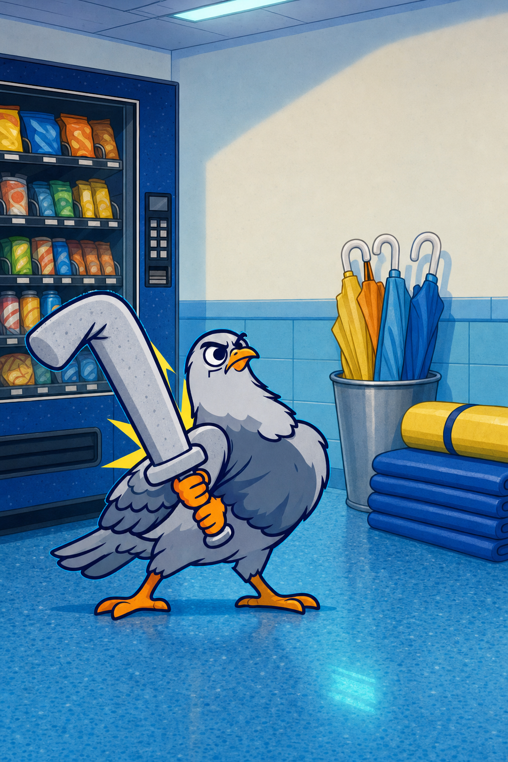 Final stand beside the snack machine and the umbrella bucket