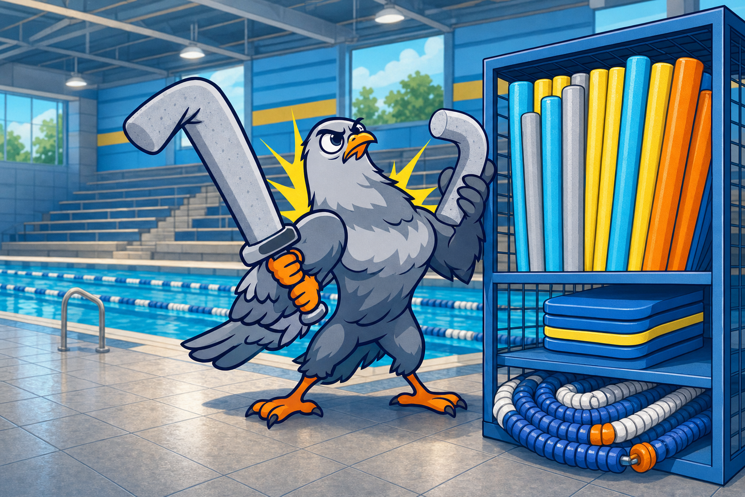 Foam Raider flexing beside the noodle cage in the equipment room